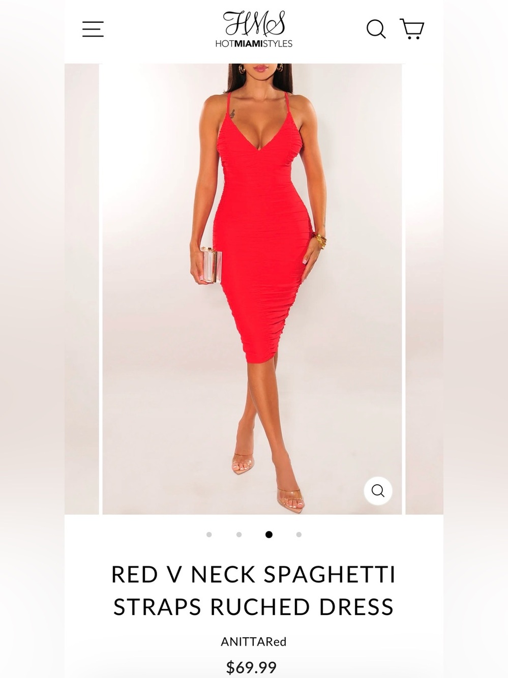 Hot Miami Styles Red V-Neck Spaghetti Strap Ruched Midi Dress